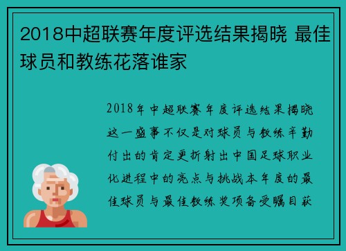 2018中超联赛年度评选结果揭晓 最佳球员和教练花落谁家