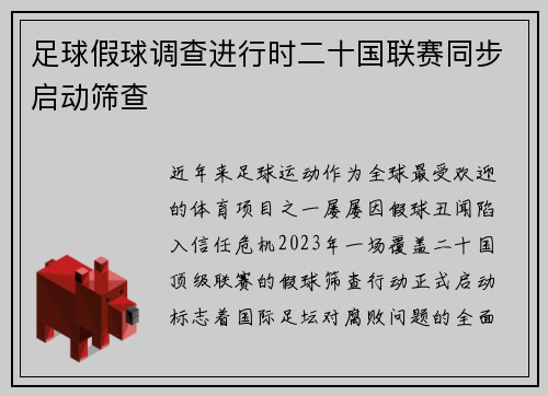 足球假球调查进行时二十国联赛同步启动筛查